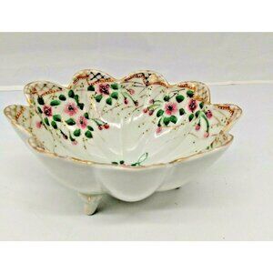 Hand Painted Japanese Three Footed Candy Bowl Floral with Gold Gilding